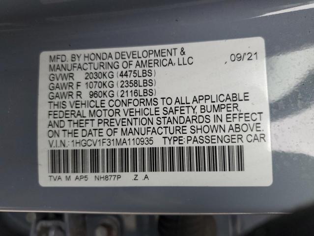 2021 Honda Accord Sport VIN: 1HGCV1F31MA110935 Lot: 55184564