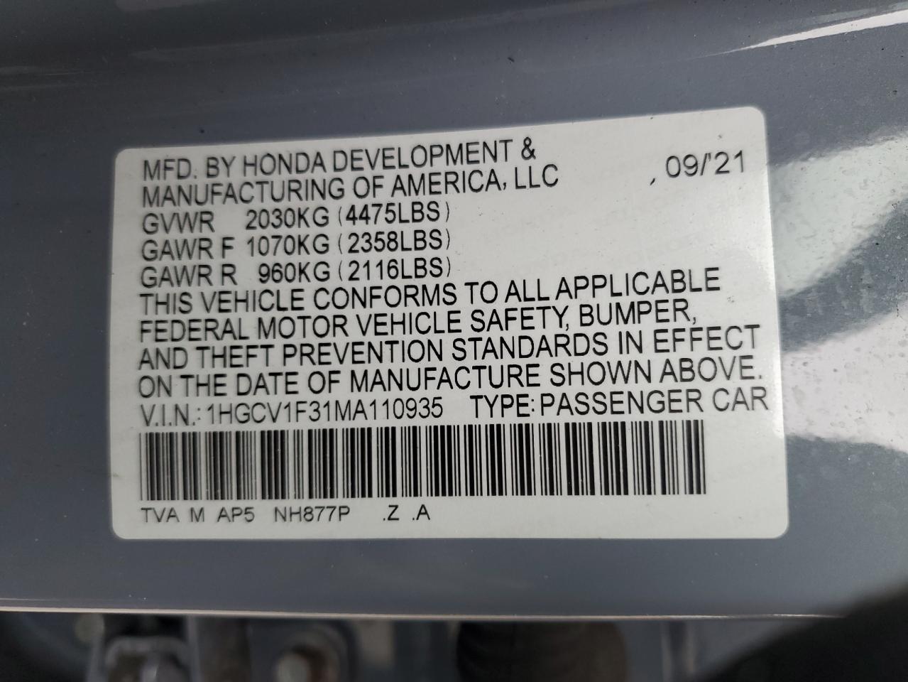 1HGCV1F31MA110935 2021 Honda Accord Sport