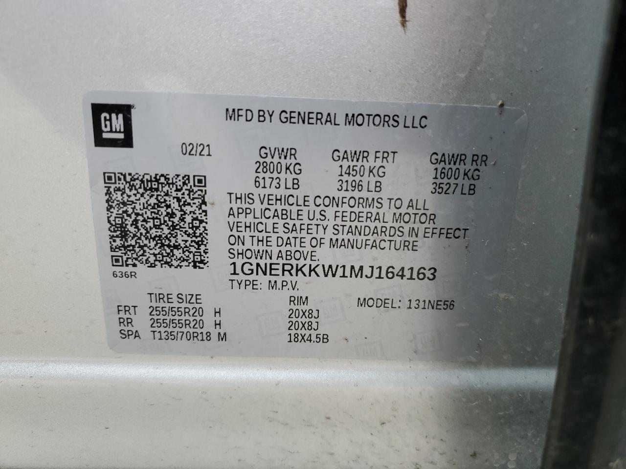 1GNERKKW1MJ164163 2021 Chevrolet Traverse Premier