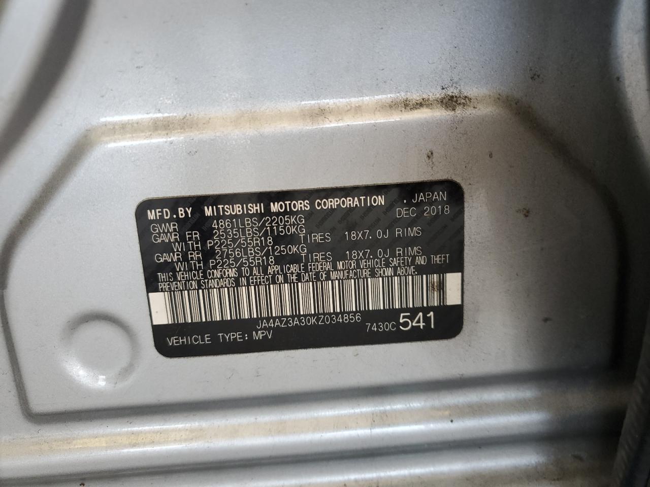 JA4AZ3A30KZ034856 2019 Mitsubishi Outlander Se