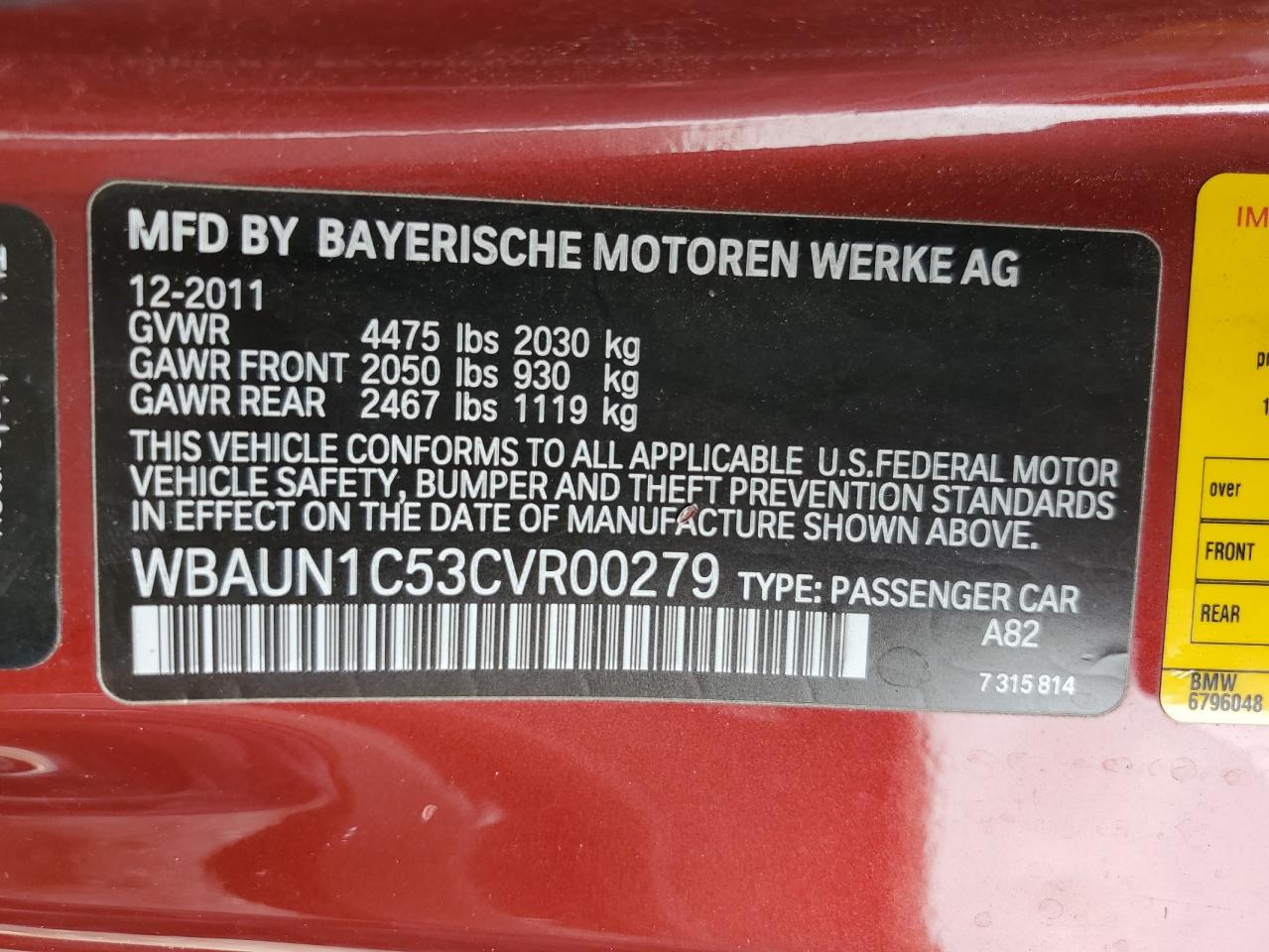 WBAUN1C53CVR00279 2012 BMW 128 I