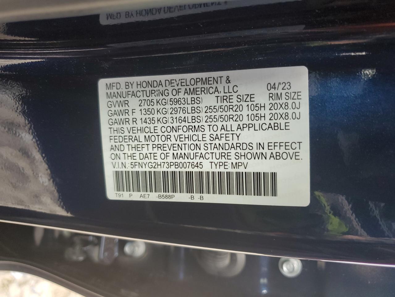 5FNYG2H73PB007645 2023 Honda Pilot Touring