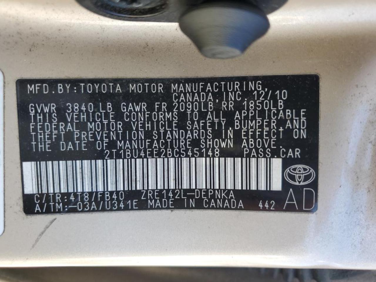 2T1BU4EE2BC545148 2011 Toyota Corolla Base