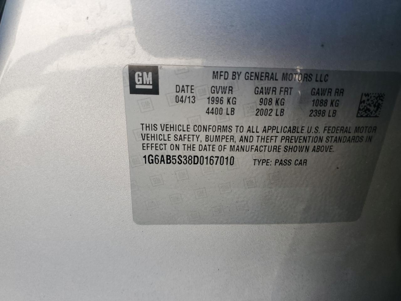 1G6AB5S38D0167010 2013 Cadillac Ats Luxury