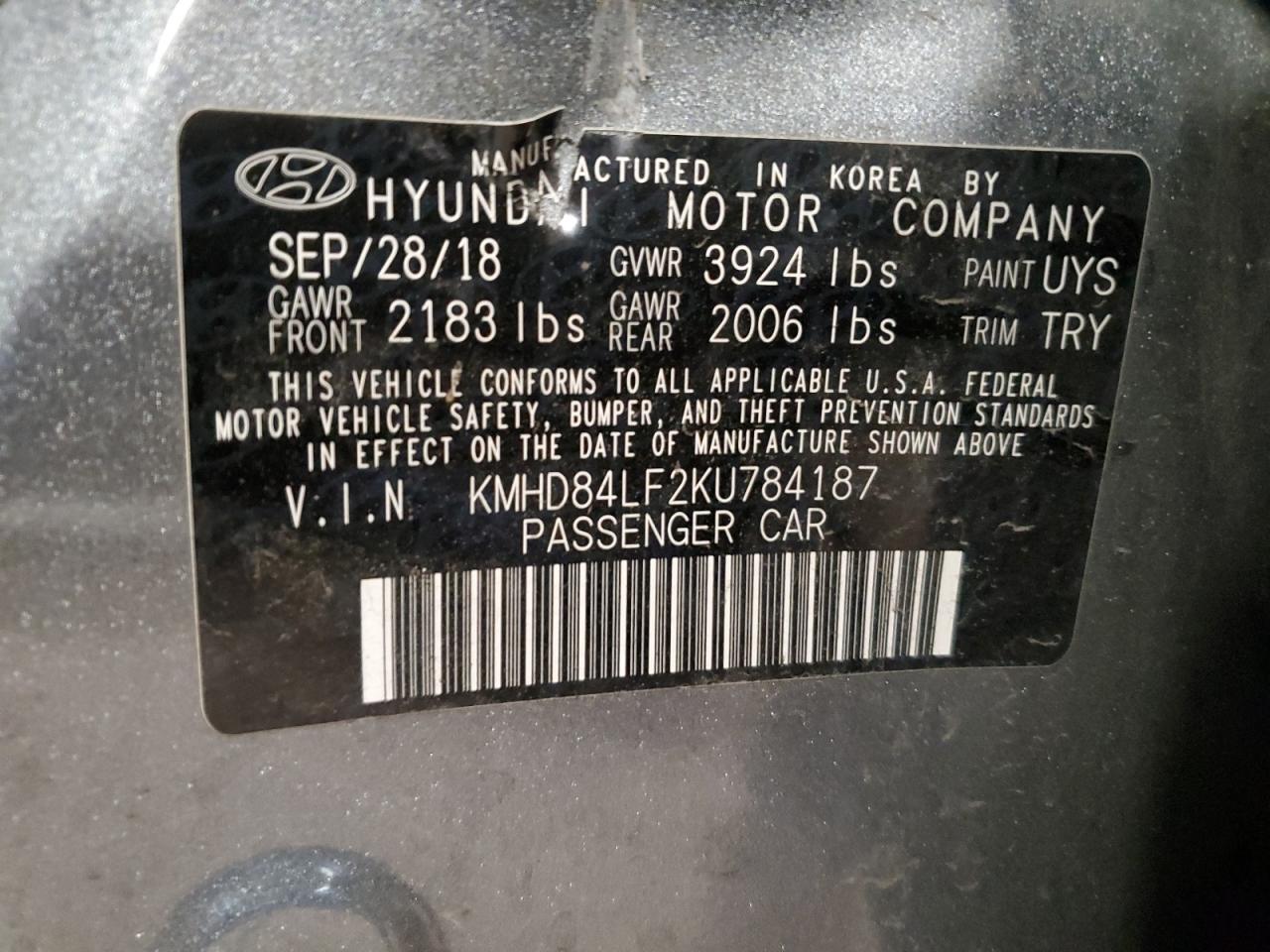 KMHD84LF2KU784187 2019 Hyundai Elantra Sel