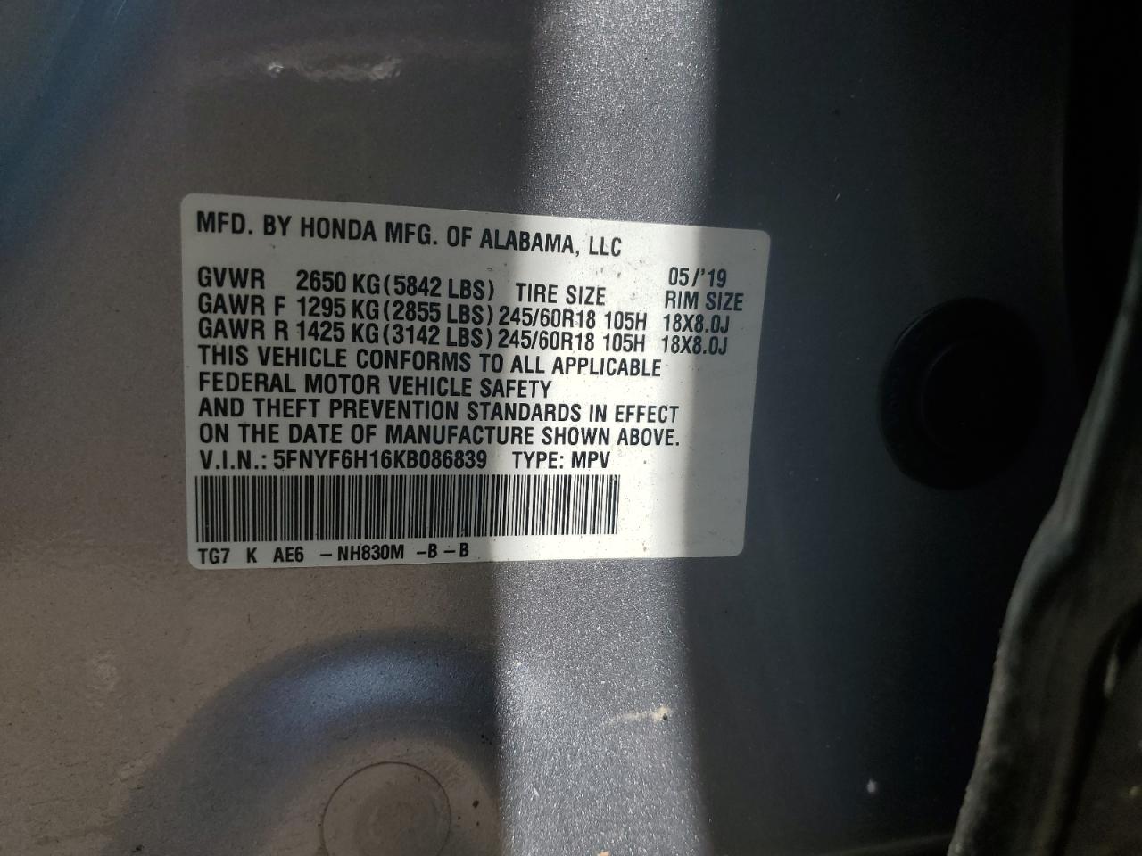 5FNYF6H16KB086839 2019 Honda Pilot Lx