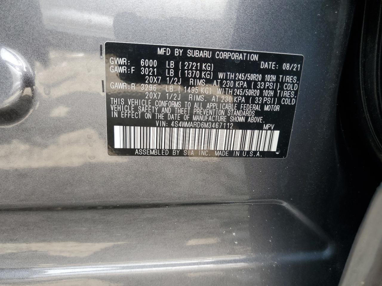 4S4WMARD6M3467112 2021 Subaru Ascent Touring