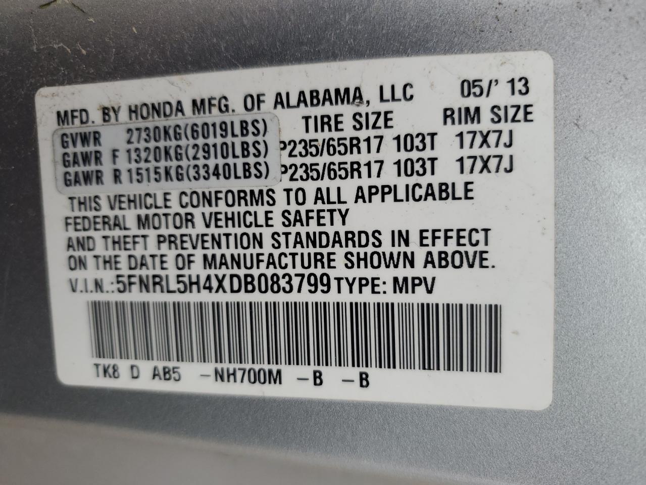 5FNRL5H4XDB083799 2013 Honda Odyssey Ex