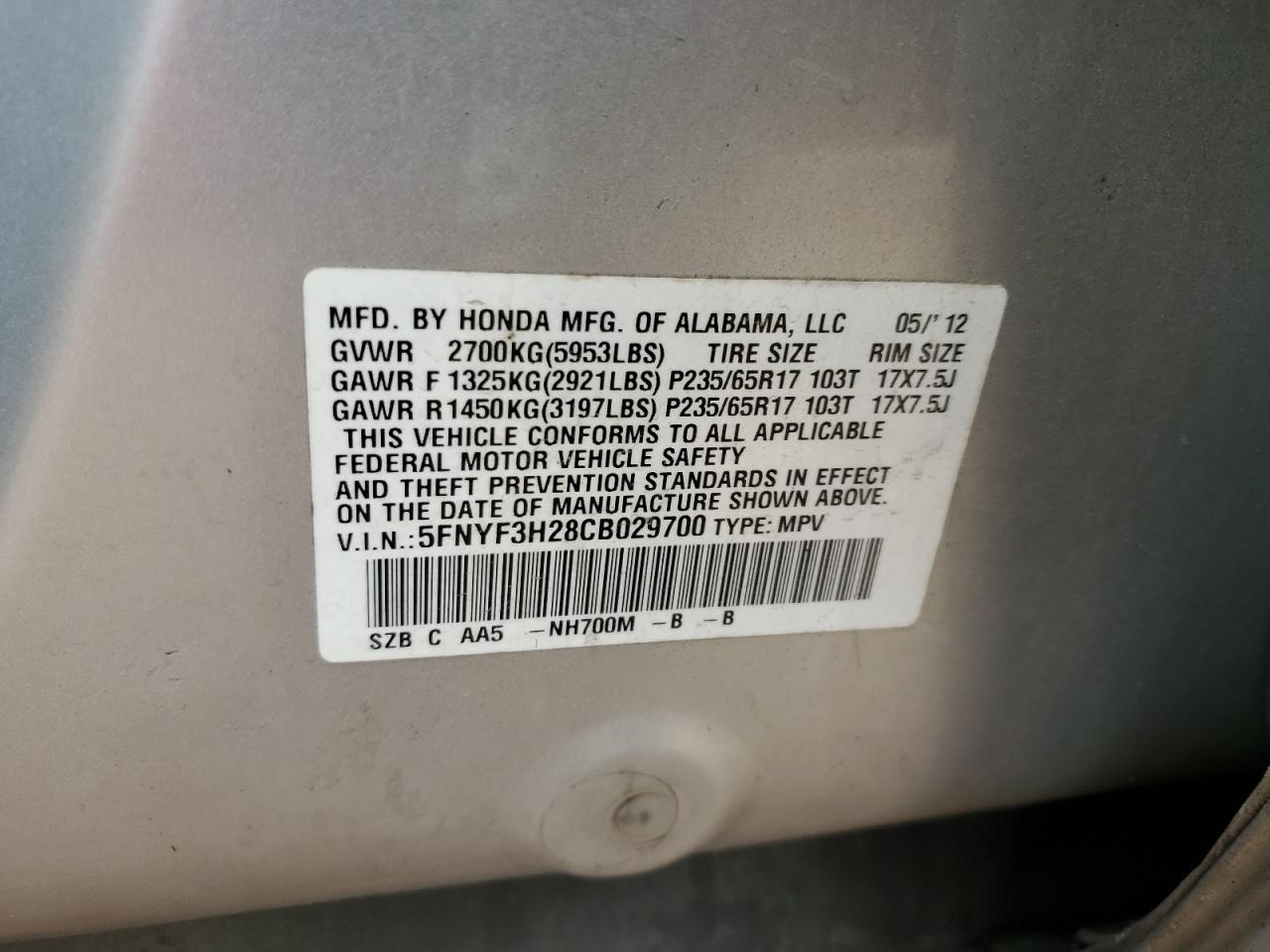 5FNYF3H28CB029700 2012 Honda Pilot Lx