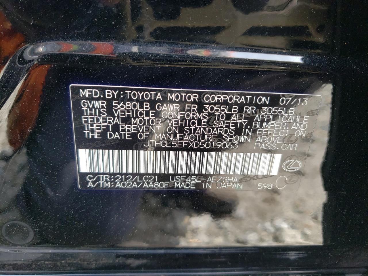 JTHCL5EFXD5019063 2013 Lexus Ls 460