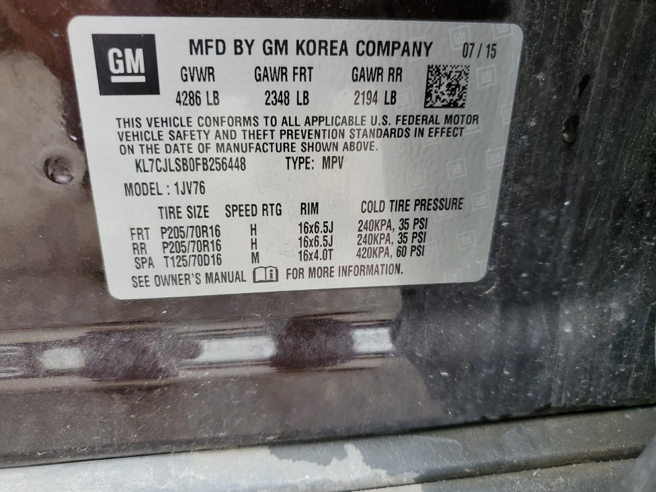 KL7CJLSB0FB256448 2015 Chevrolet Trax 1Lt