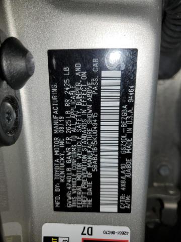 2019 Lexus Es 350 VIN: 58ABZ1B15KU049415 Lot: 54609534