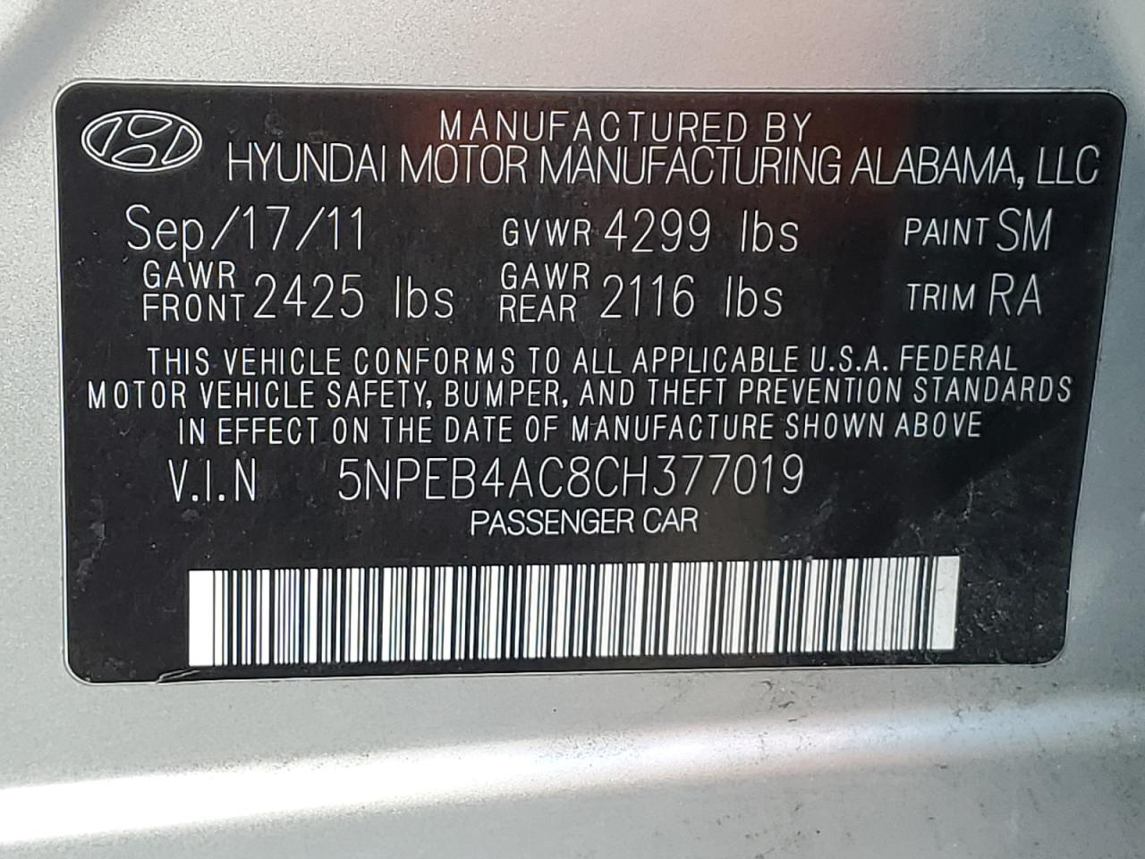 5NPEB4AC8CH377019 2012 Hyundai Sonata Gls