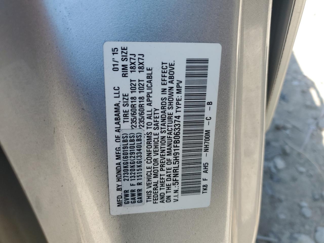 5FNRL5H91FB063374 2015 Honda Odyssey Touring