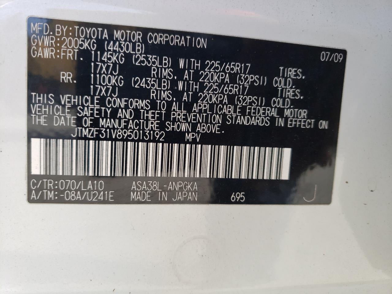 JTMZF31V895013192 2009 Toyota Rav4 Limited