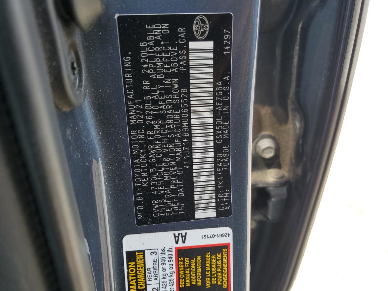 4T1JZ1FB9MU065528 2021 Toyota Avalon Xle