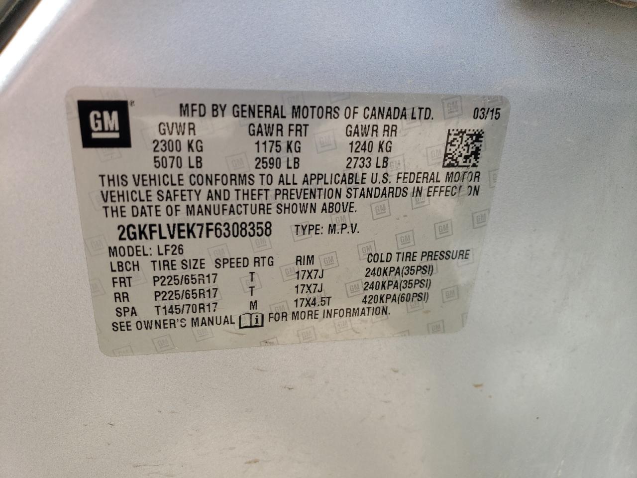 2GKFLVEK7F6308358 2015 GMC Terrain Sle