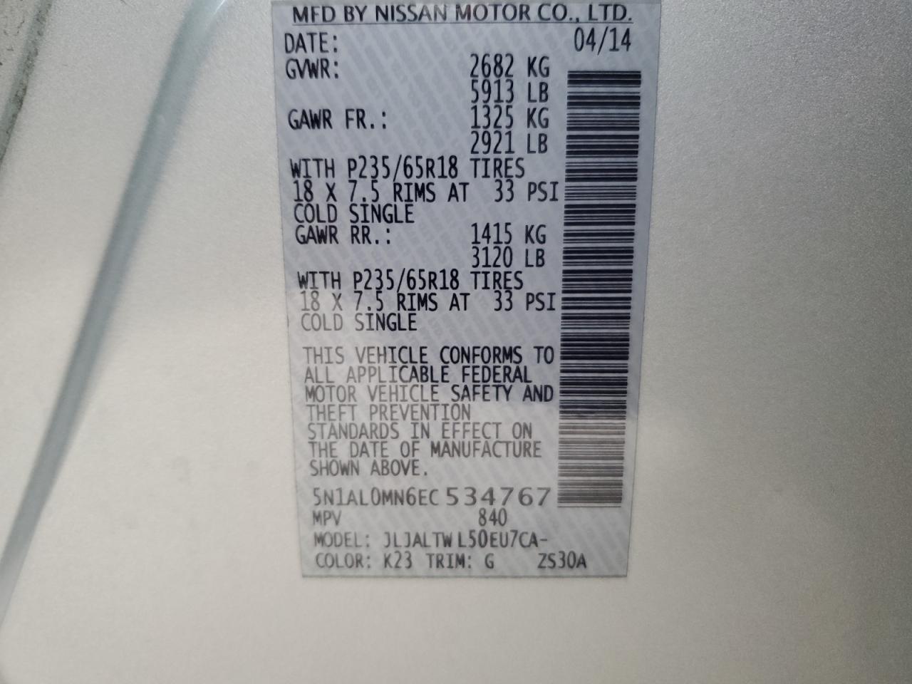 5N1AL0MN6EC534767 2014 Infiniti Qx60