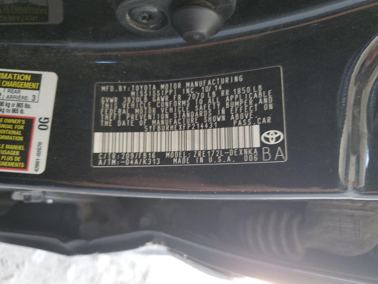 5YFBURHEXFP214431 2015 Toyota Corolla L