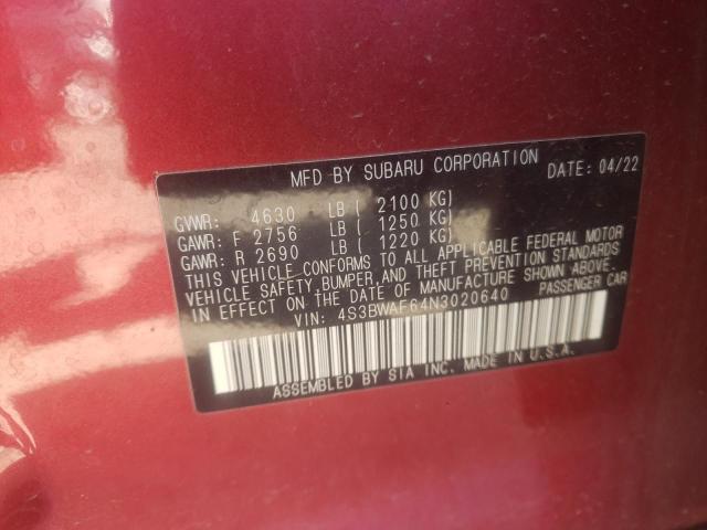 2022 Subaru Legacy Premium VIN: 4S3BWAF64N3020640 Lot: 53601274