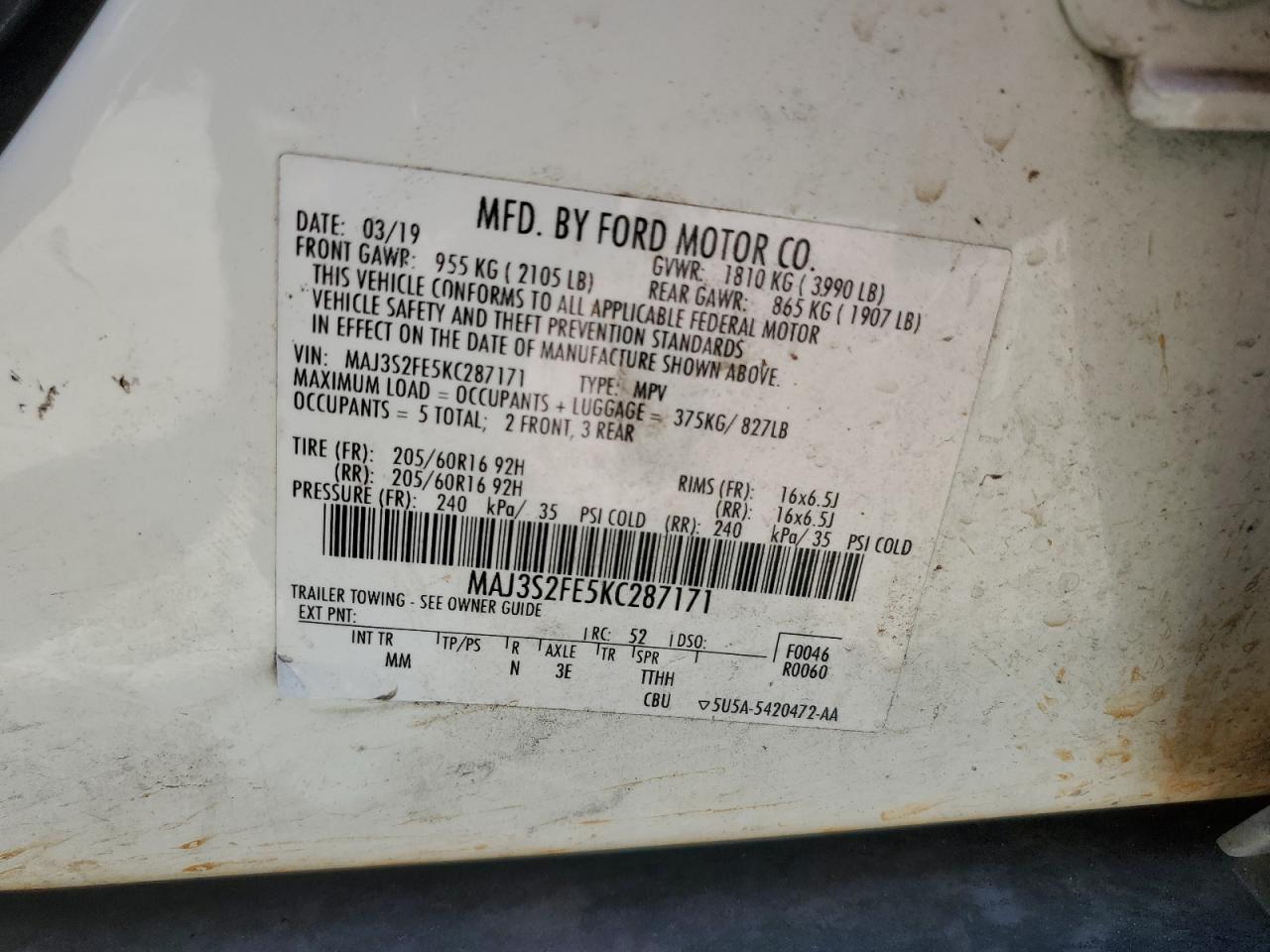 MAJ3S2FE5KC287171 2019 Ford Ecosport S