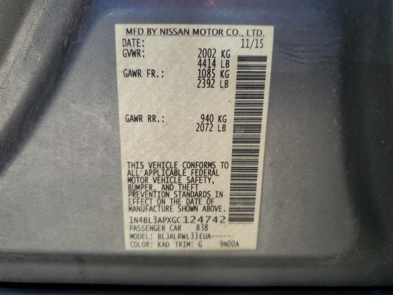 1N4BL3APXGC124742 2016 Nissan Altima 3.5Sl