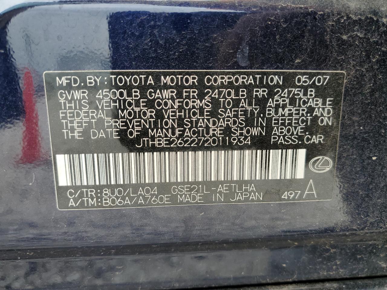 JTHBE262272011934 2007 Lexus Is 350