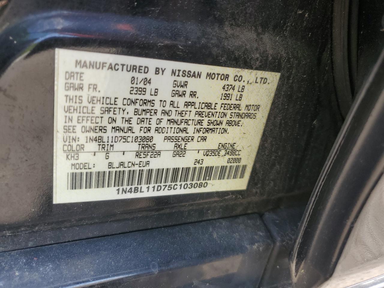 1N4BL11D75C103080 2005 Nissan Altima Se