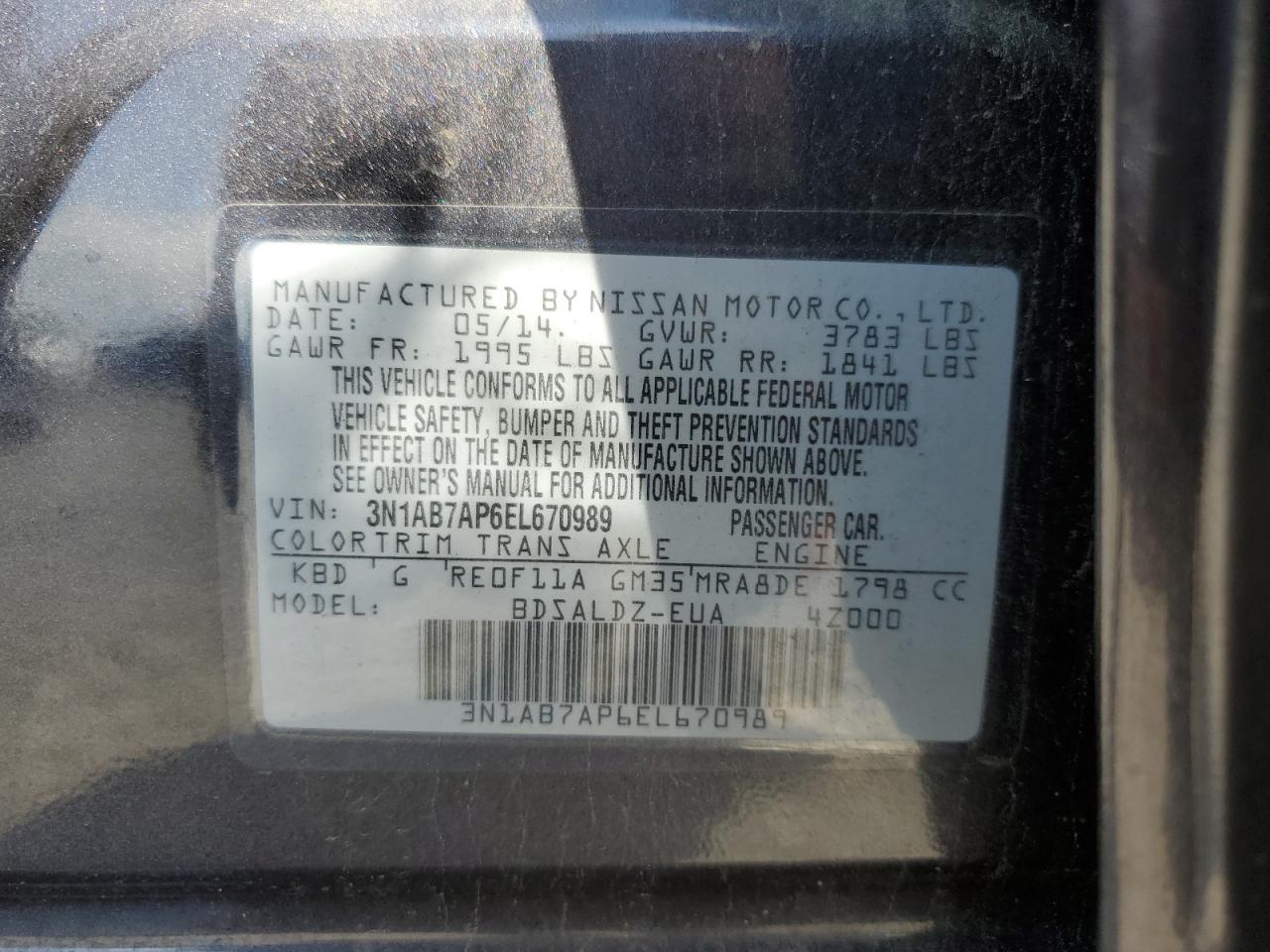 3N1AB7AP6EL670989 2014 Nissan Sentra S