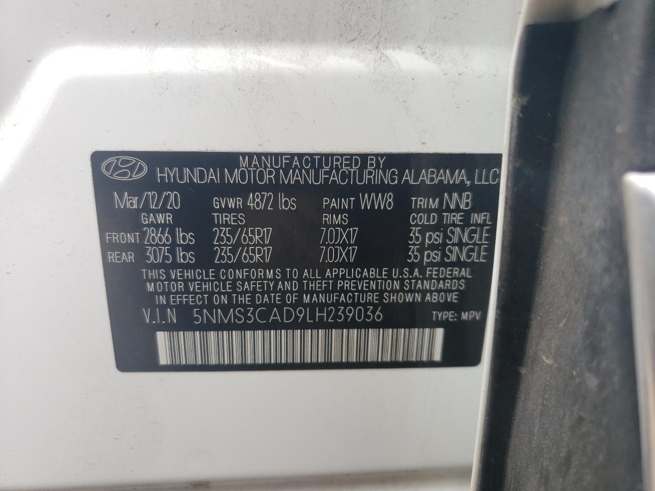 5NMS3CAD9LH239036 2020 Hyundai Santa Fe Sel