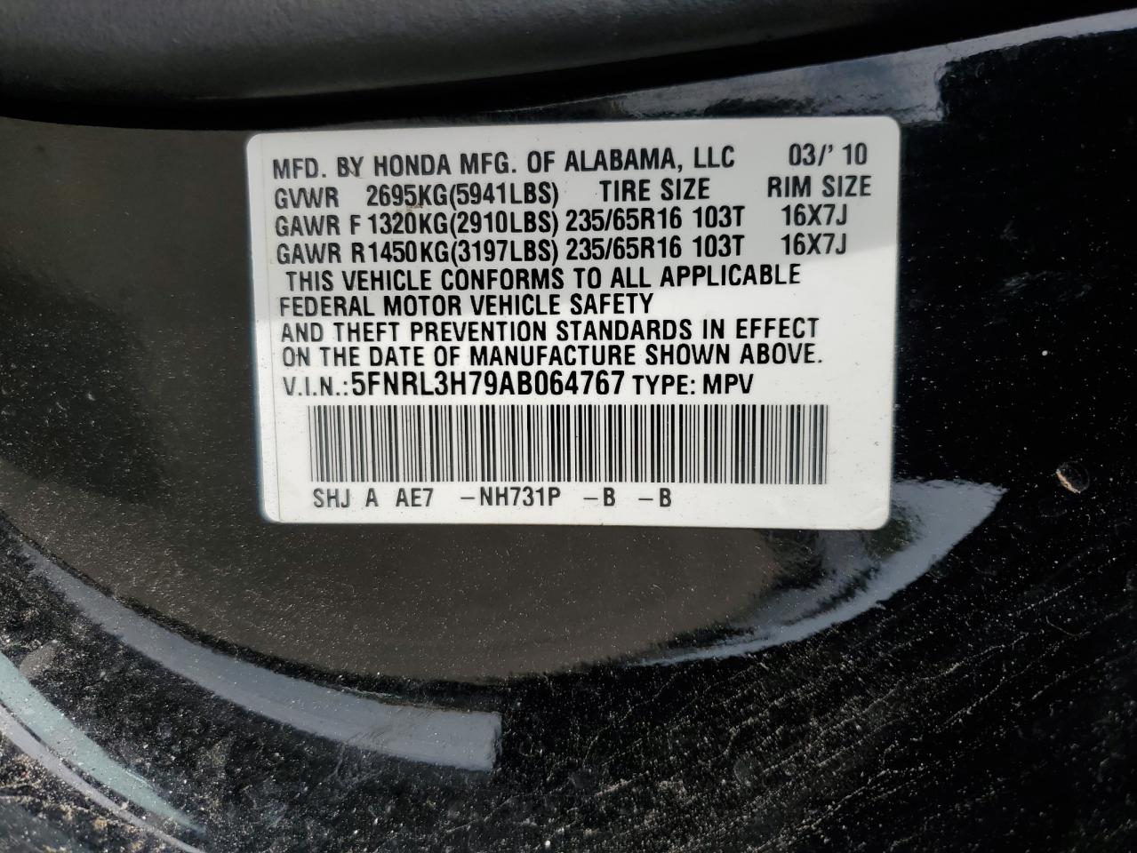 5FNRL3H79AB064767 2010 Honda Odyssey Exl
