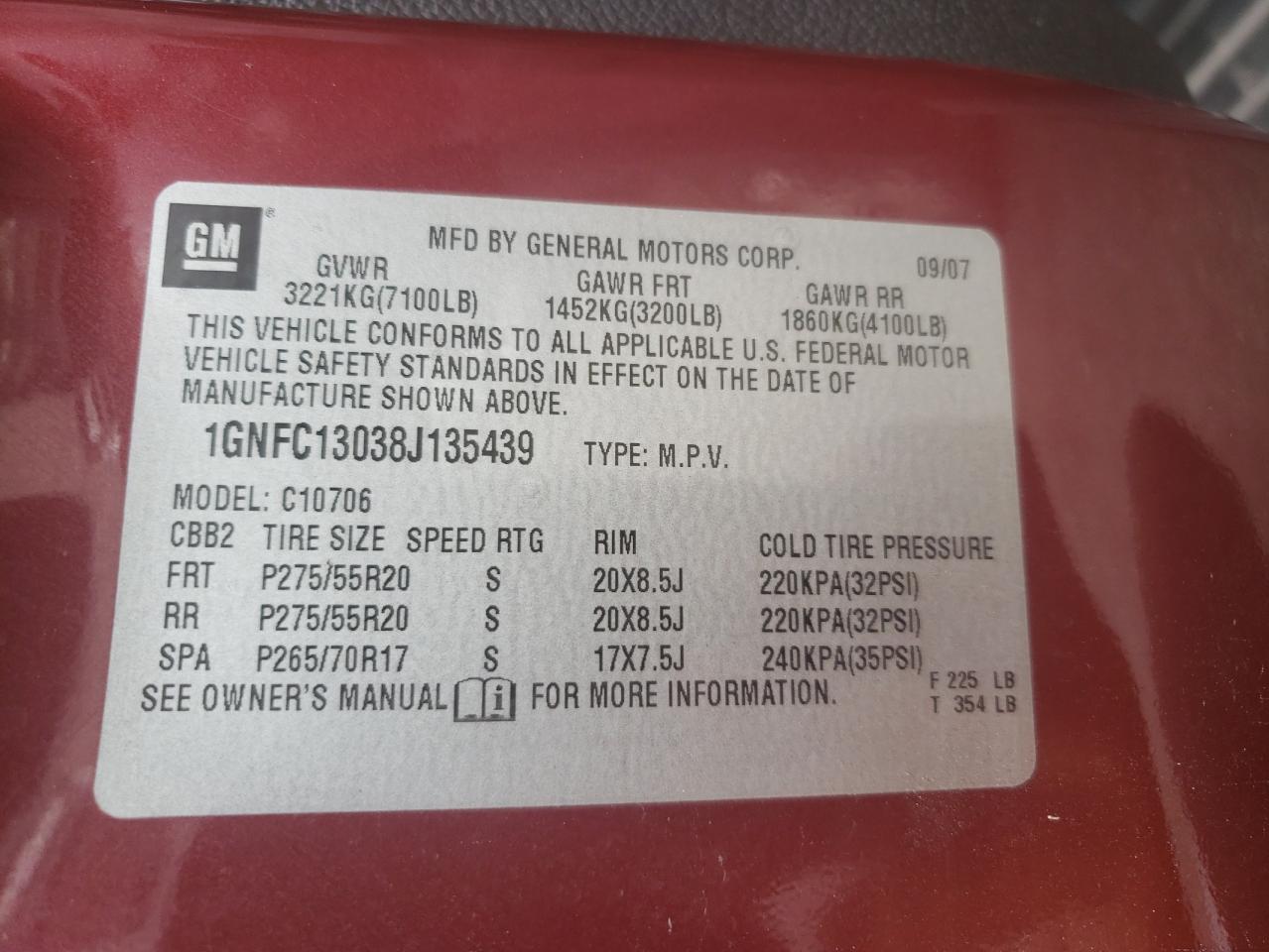 1GNFC13038J135439 2008 Chevrolet Tahoe C1500