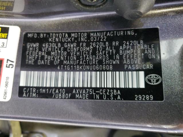 2022 Toyota Camry Se VIN: 4T1G11BK0NU060808 Lot: 53279184