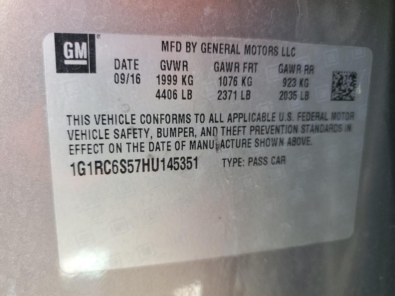 1G1RC6S57HU145351 2017 Chevrolet Volt Lt