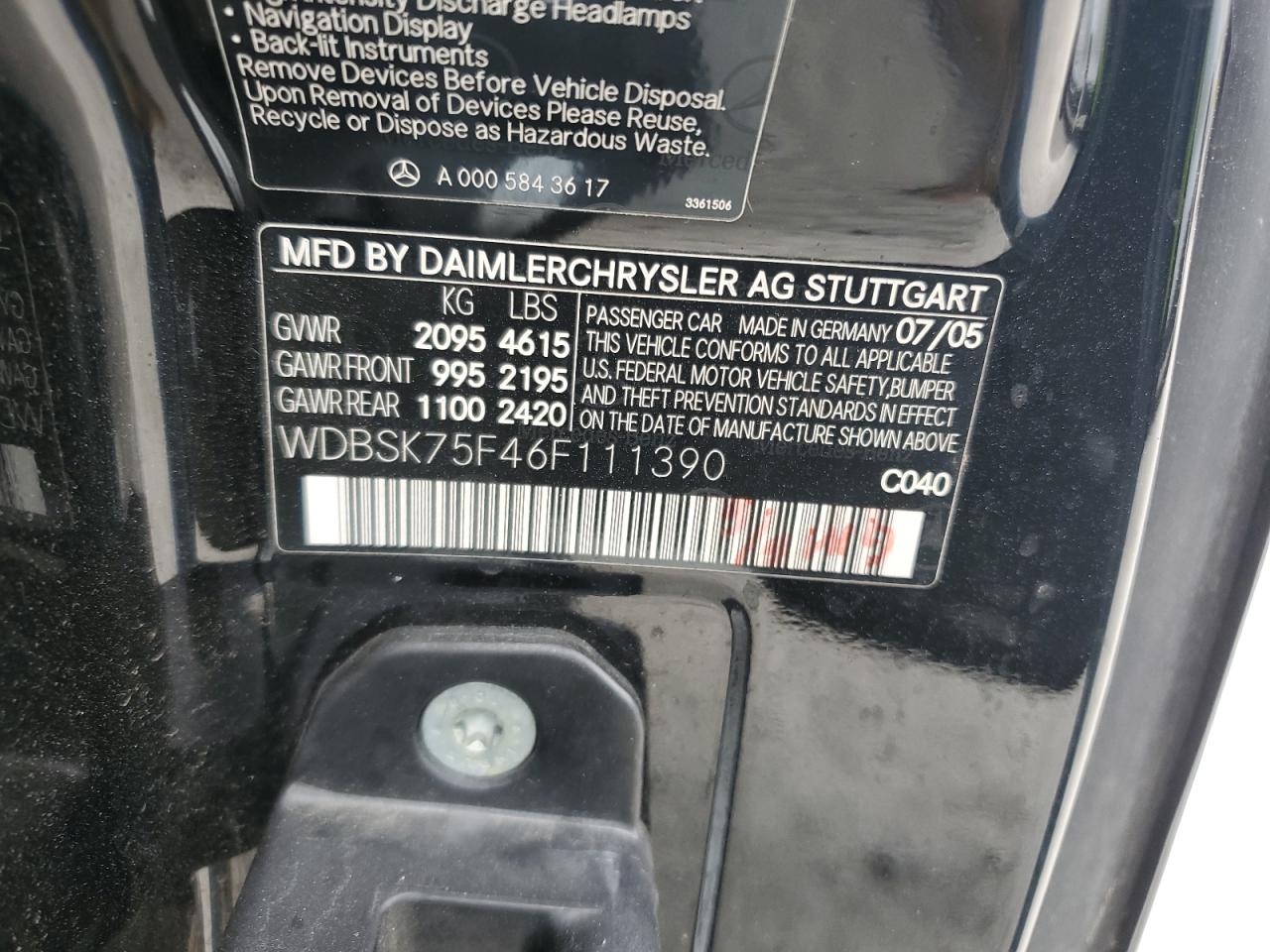 WDBSK75F46F111390 2006 Mercedes-Benz Sl 500