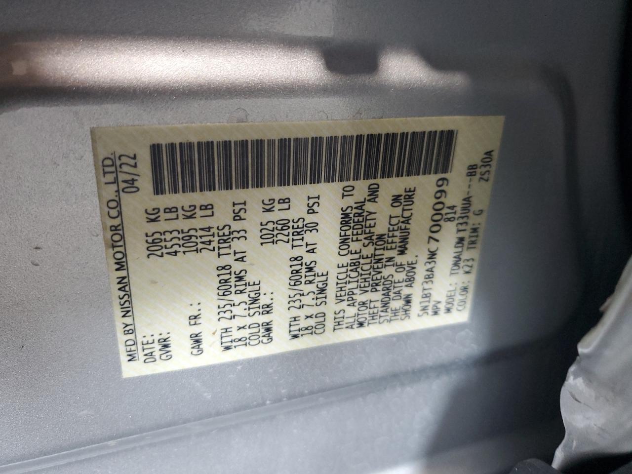 5N1BT3BA3NC700099 2022 Nissan Rogue Sv