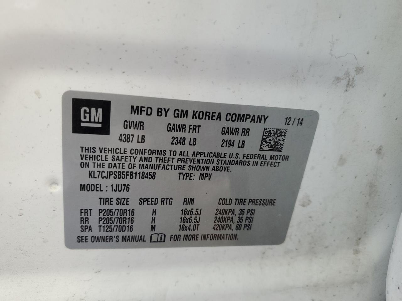 KL7CJPSB5FB118458 2015 Chevrolet Trax 1Ls