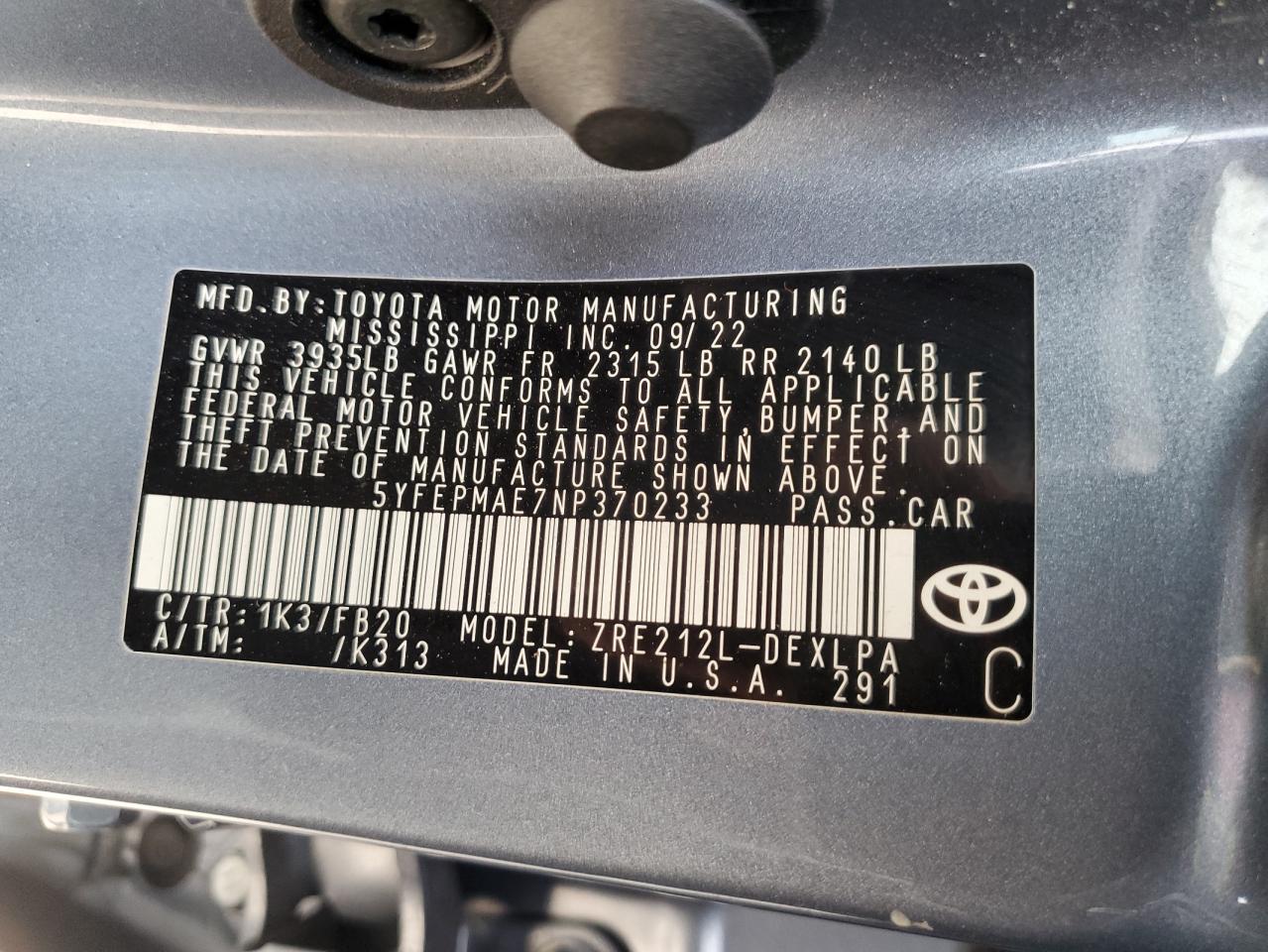 5YFEPMAE7NP370233 2022 Toyota Corolla Le