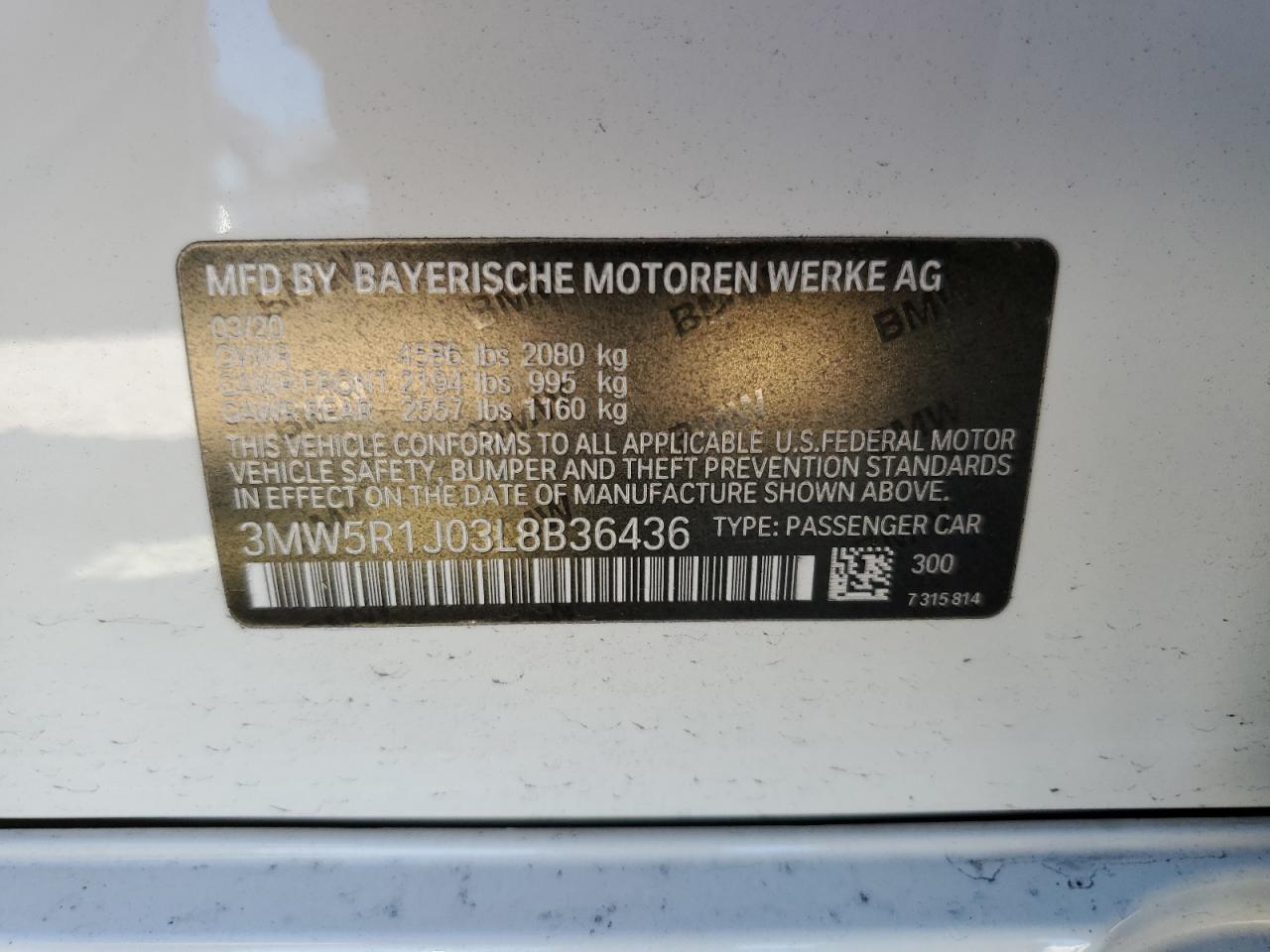 3MW5R1J03L8B36436 2020 BMW 330I