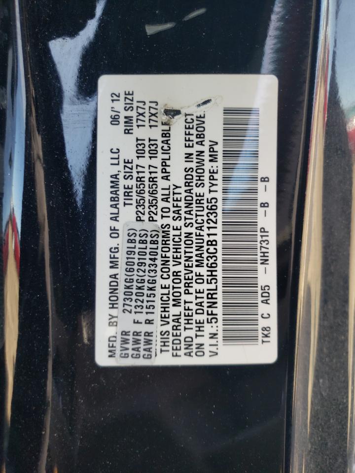 5FNRL5H63CB112365 2012 Honda Odyssey Exl