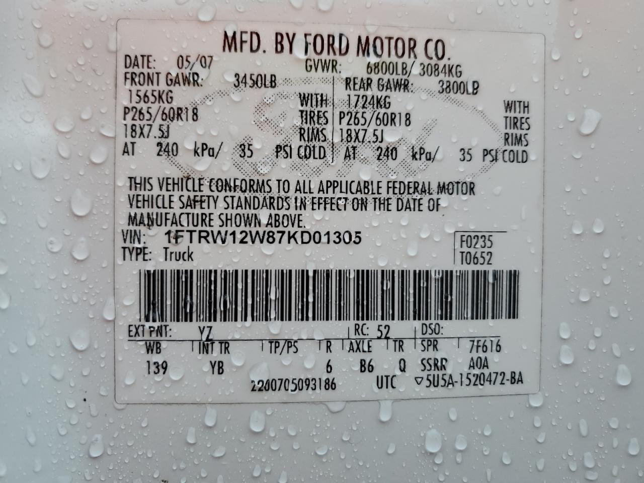 1FTRW12W87KD01305 2007 Ford F150 Supercrew