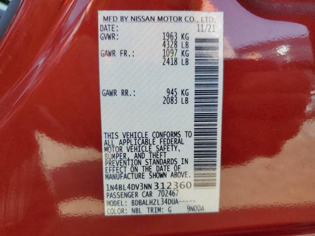 2022 Nissan Altima Sv VIN: 1N4BL4DV3NN312360 Lot: 52931014