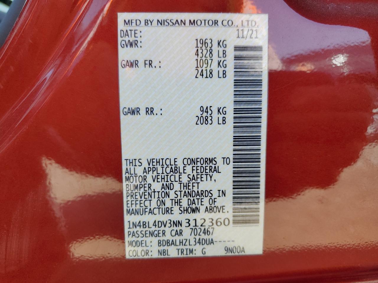 1N4BL4DV3NN312360 2022 Nissan Altima Sv