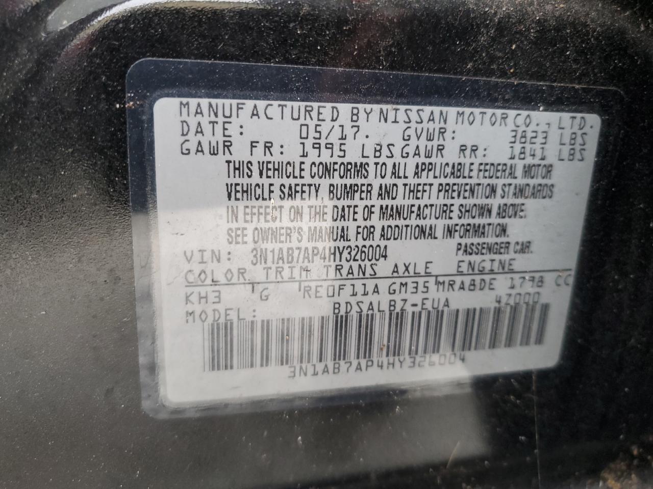 3N1AB7AP4HY326004 2017 Nissan Sentra S