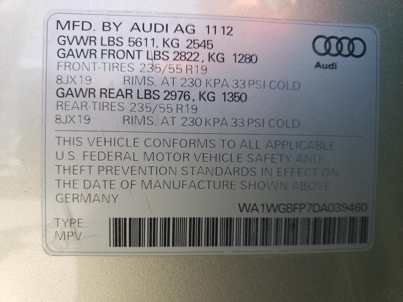 WA1WGBFP7DA039460 2013 Audi Q5 Prestige