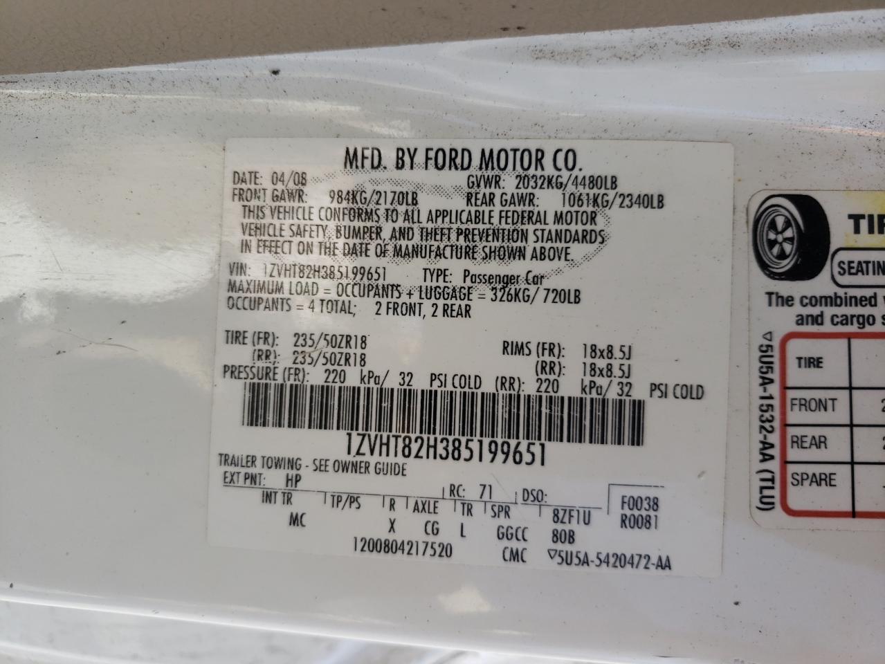 1ZVHT82H385199651 2008 Ford Mustang Gt
