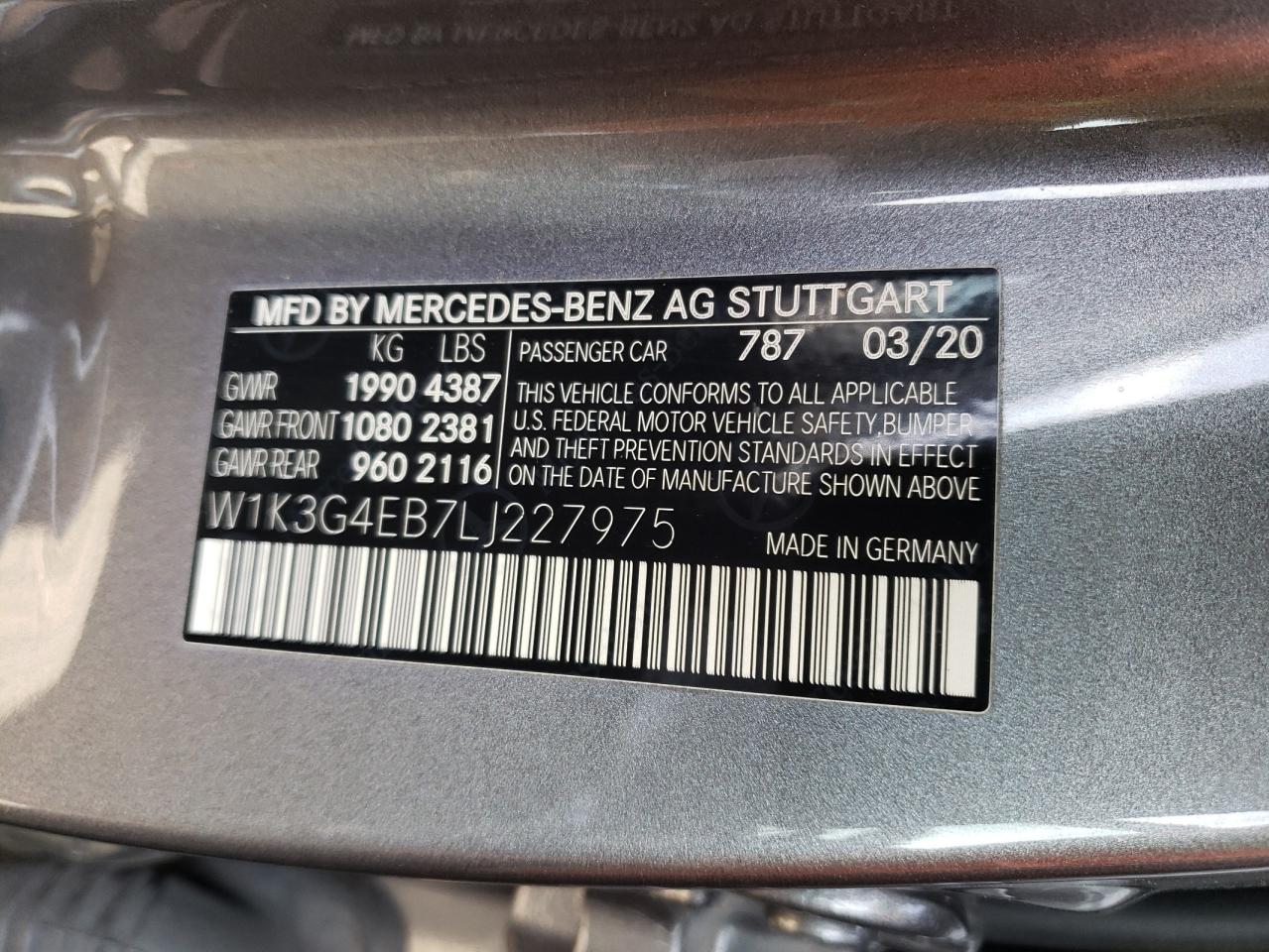 2020 Mercedes-Benz A 220 vin: W1K3G4EB7LJ227975