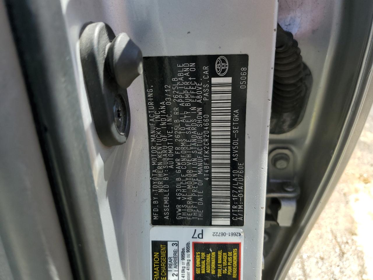 4T4BF1FK2CR204660 2012 Toyota Camry Base