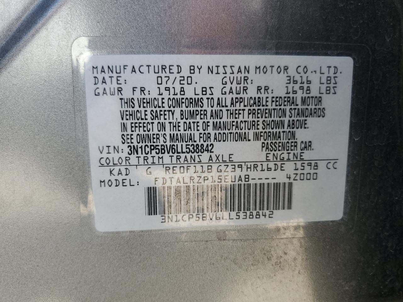 3N1CP5BV6LL538842 2020 Nissan Kicks S