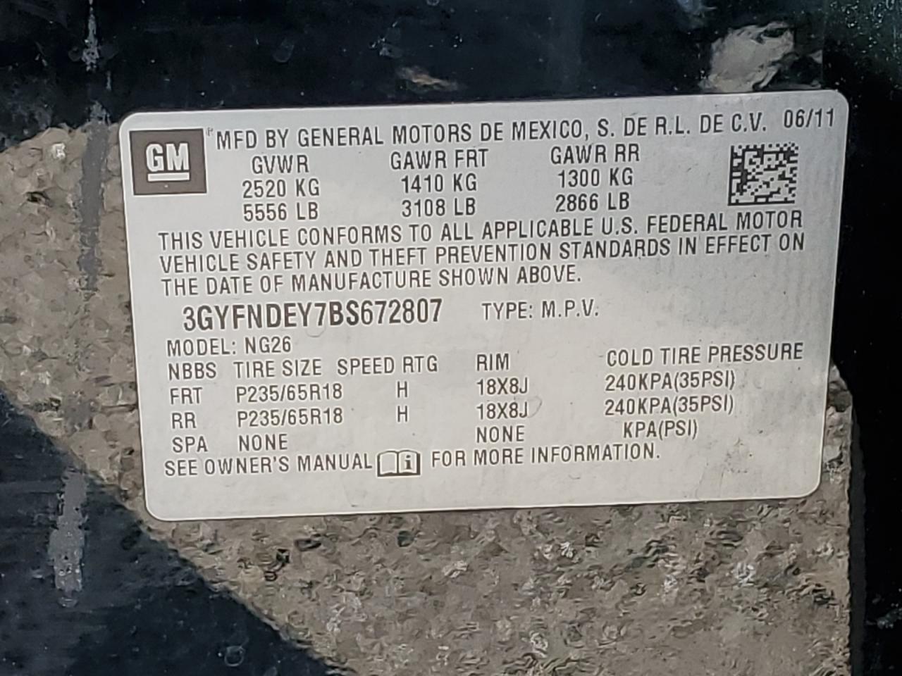 3GYFNDEY7BS672807 2011 Cadillac Srx Luxury Collection